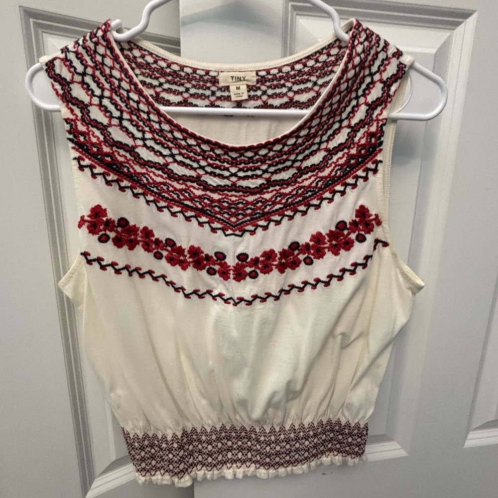 Anthropologie Red and Cream Embellished Crop Tank Top